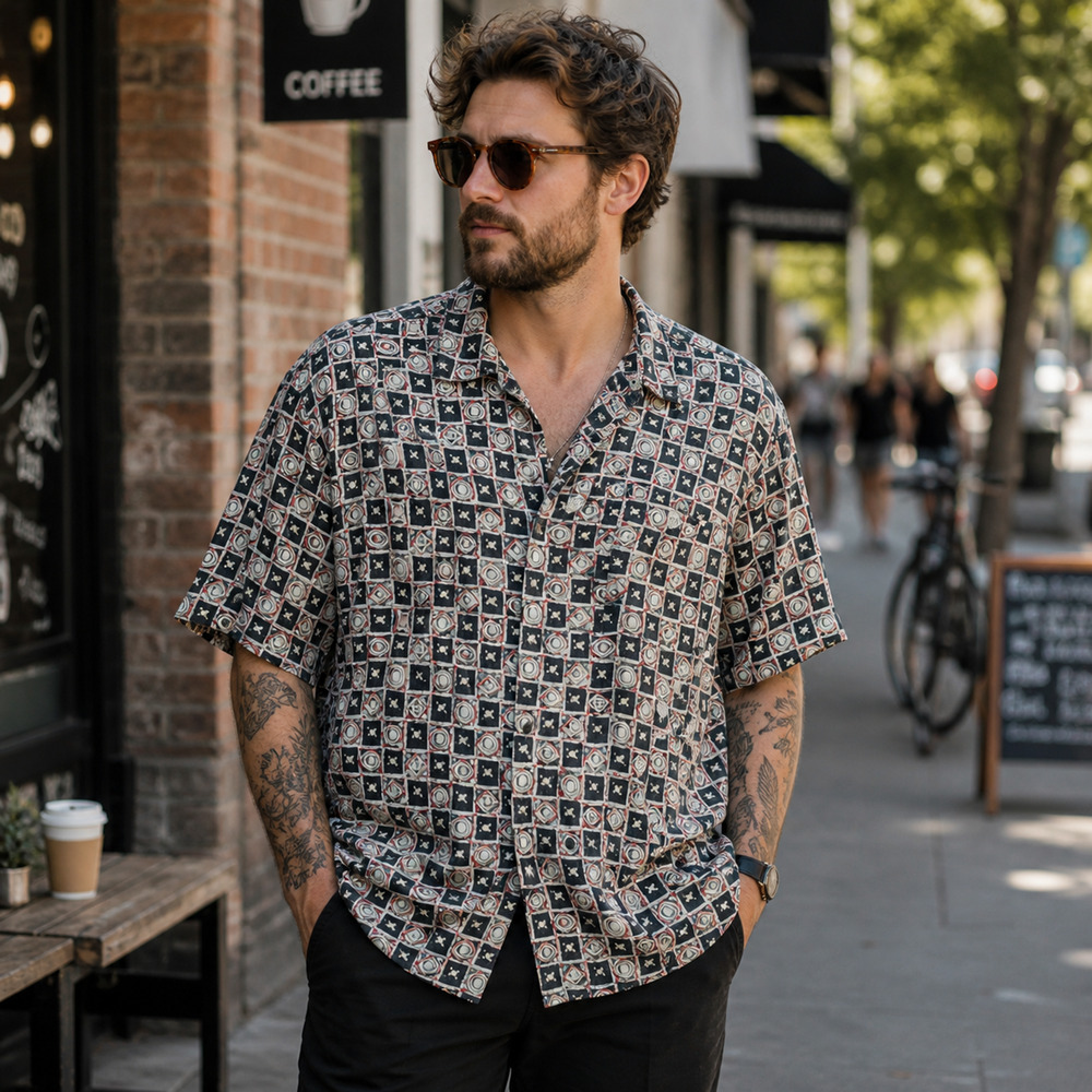 VTG Colore Italia Silk Shirt Mens L Geometric Button Up Retro Hidden Buttons